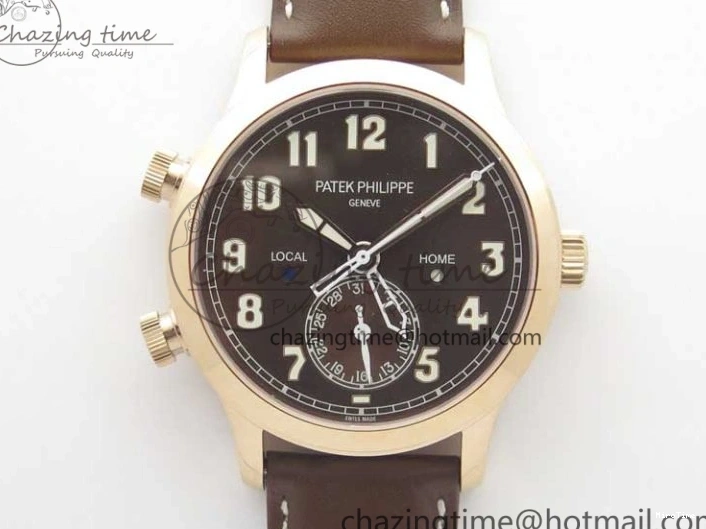 MIROTIME 0406 Calatrava 5524R Pilot Travel Time RG GRF Brown Dial on Brown Leather Strap MIYOTA TopPick 7155